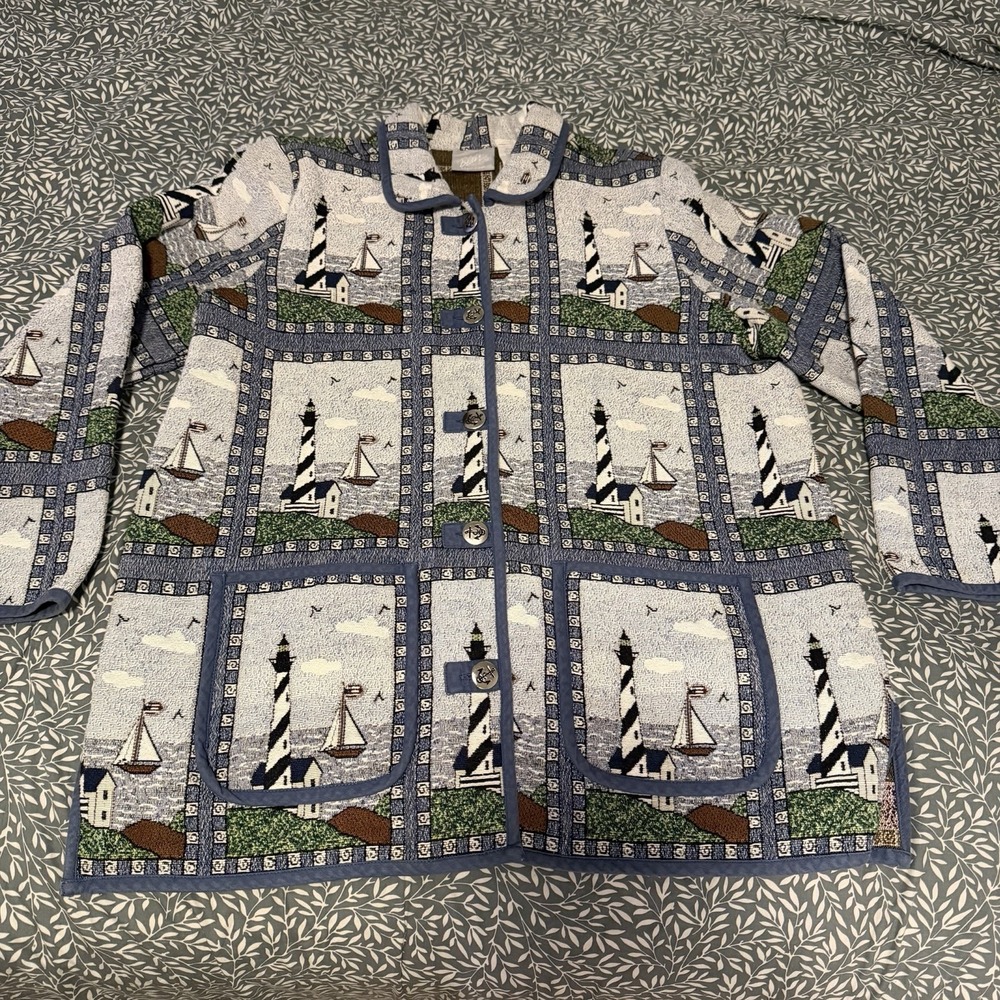 Blair Lighthouse Tapestry Jacket Women 2X 2XL Nautical Sailboat Woven Chore Coat